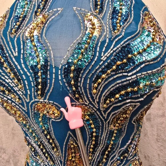 Alyce Design Teal 100% Silk Beaded Sequin Halter Gown Dress Vintage Prom Mermaid - Picture 7 of 9